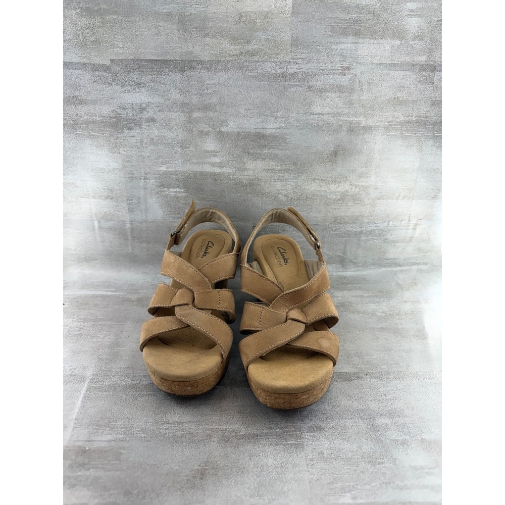Clarks Collection Tan Nubuck Cork Wedge Platform Sandals Women Sz 7M